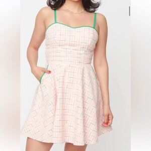 Unique Vintage Pink Plaid Mini Dress with Green Trim size L